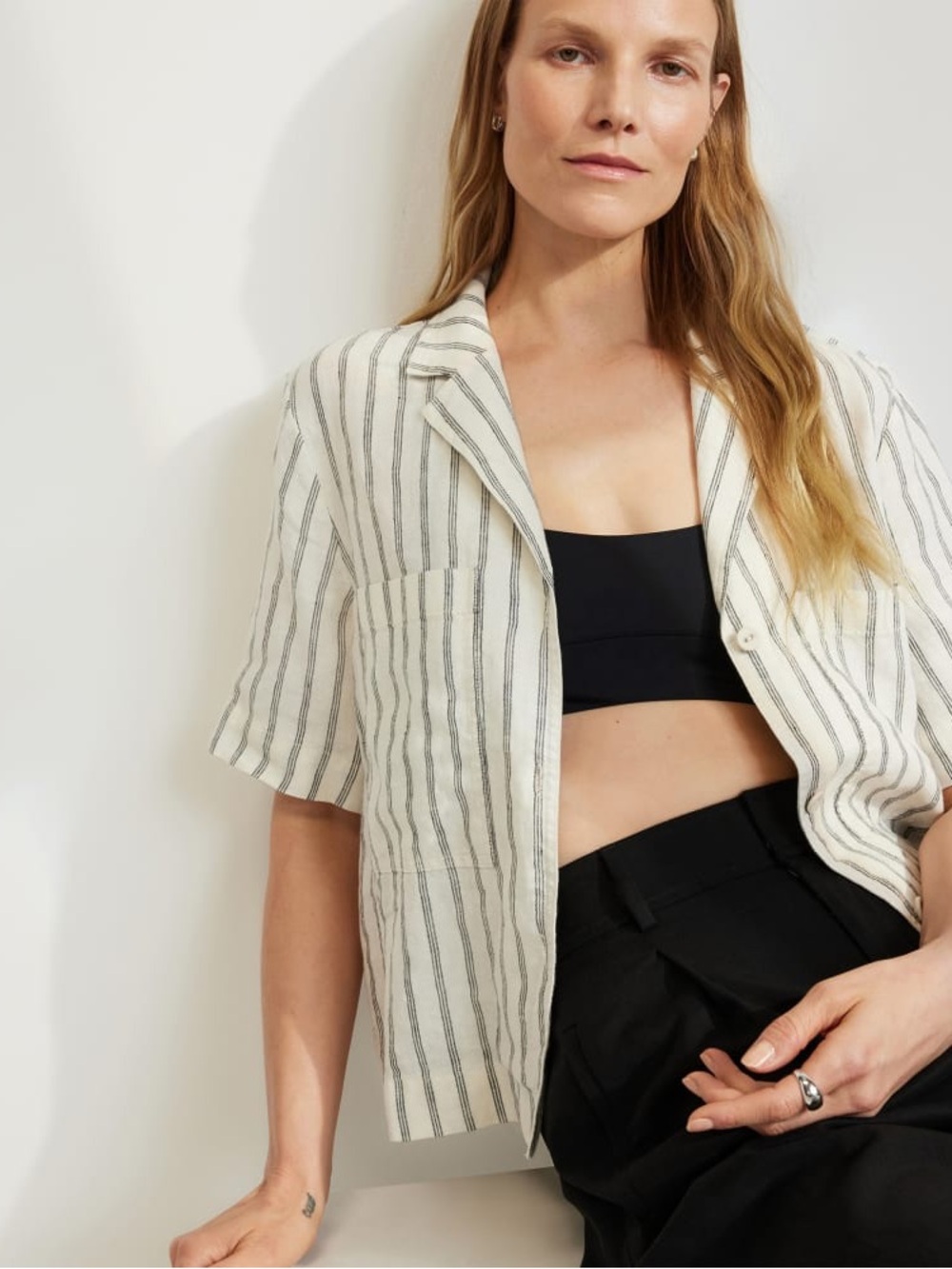 Everlane Linen Workwear Shirt Boxy Roomy White Gray Stripes Button-Down Sz XS